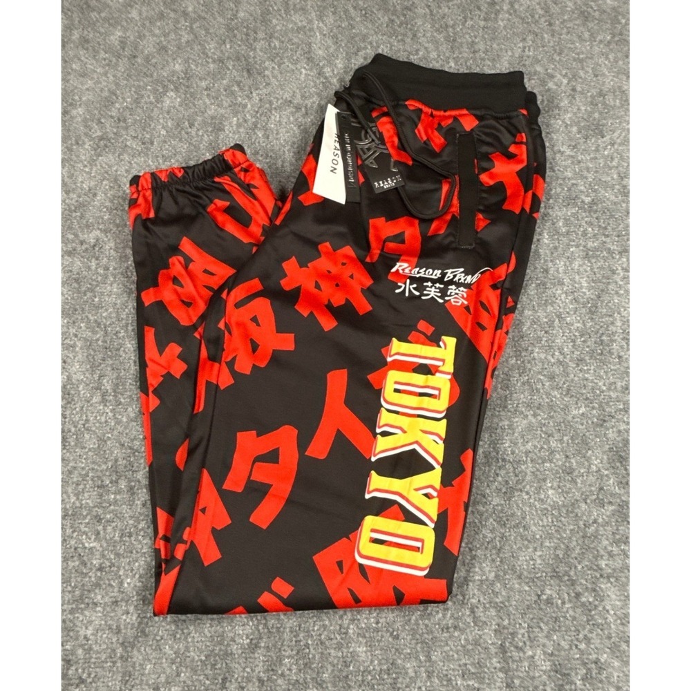 Reason Tokyo Jogger Pants Mens Large Black Red Japanese Graphic Streetwear NWT
